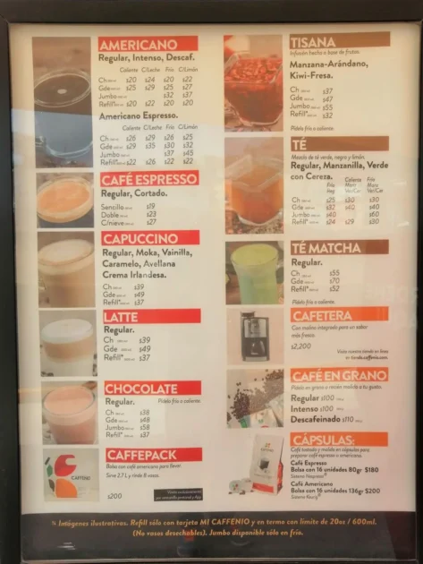 a photo of the Caffenio restaurant menu on display