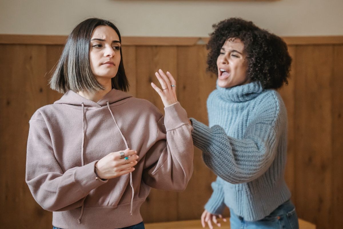Two women having a funny debate with expressive faces