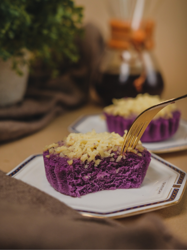 Vibrant purple ube bake with a glossy top